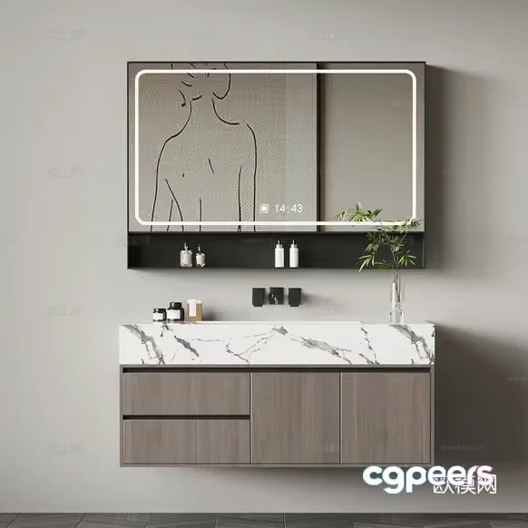 A Modern Bathroom Vanity With A Mirror And Marble Countertop 3D Model – 10325 – VRAY Render