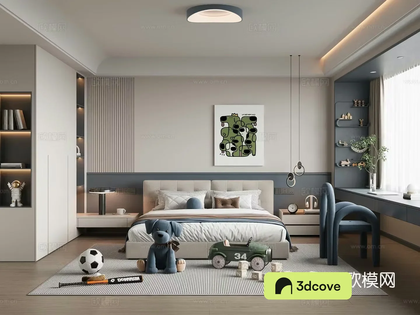 Modern boy children’s room children’s bed children’s wardrobe desk chairs painting ceiling lamp