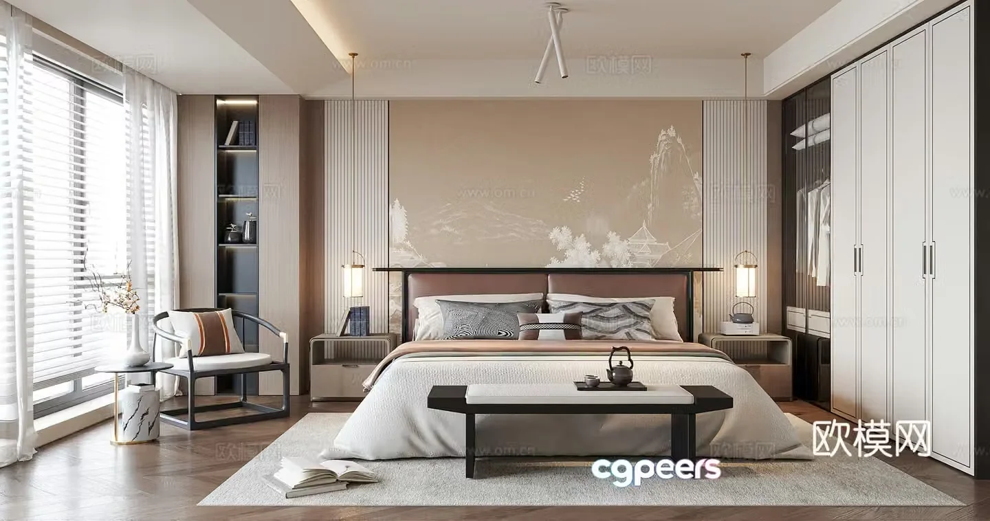 New Chinese style bedroom double bed master bedroom bedside stool 3D model