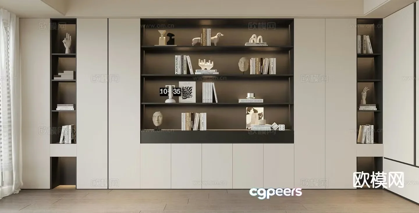 Modern wall-to-wall bookcase display cabinet 3D model