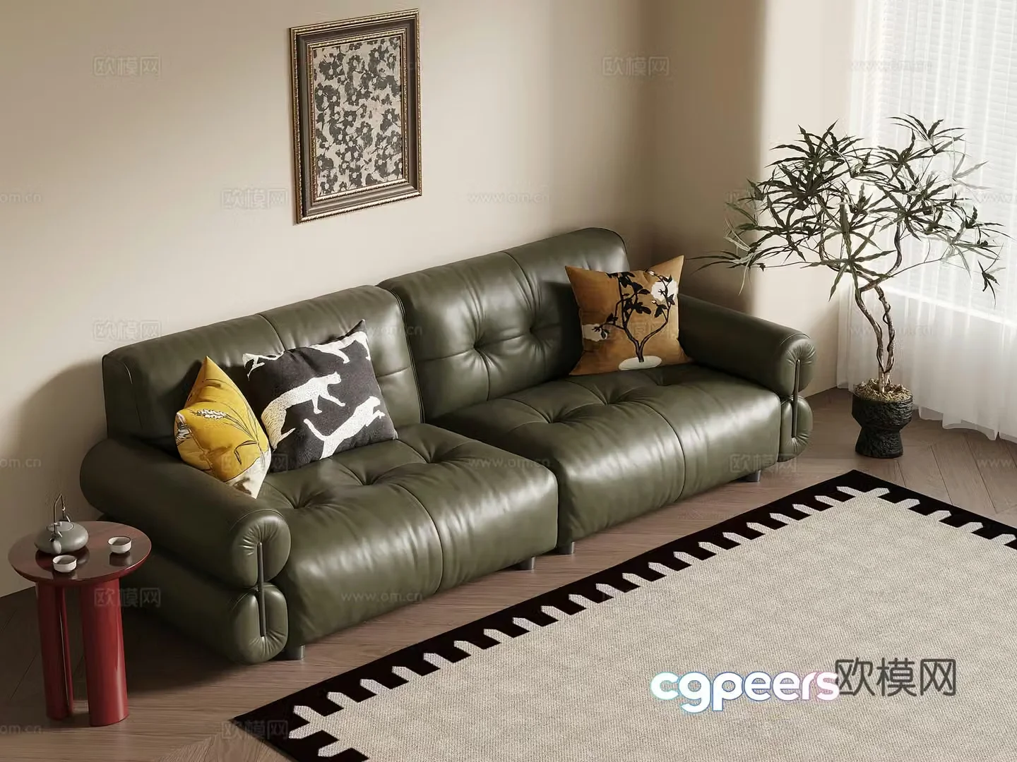 Retro style multi-person sofa leather sofa green plant potted plants side table decoration hanging painting 3D model