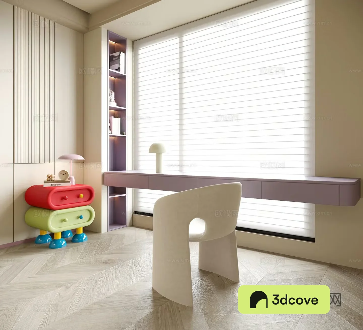 Modern bedroom desk and chair children’s bedside table venetian blinds