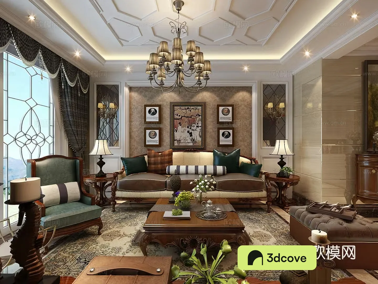 European classical living room chandeliers desk lamp multi-person sofa single sofa coffee table 3D model