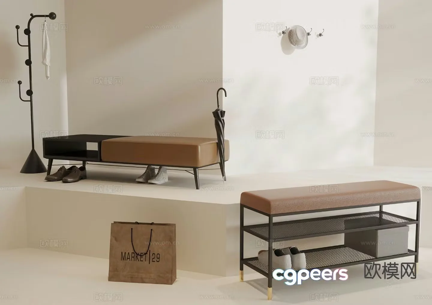 Modern bench shoe changing stool clothes hook clothes hanger 3D model