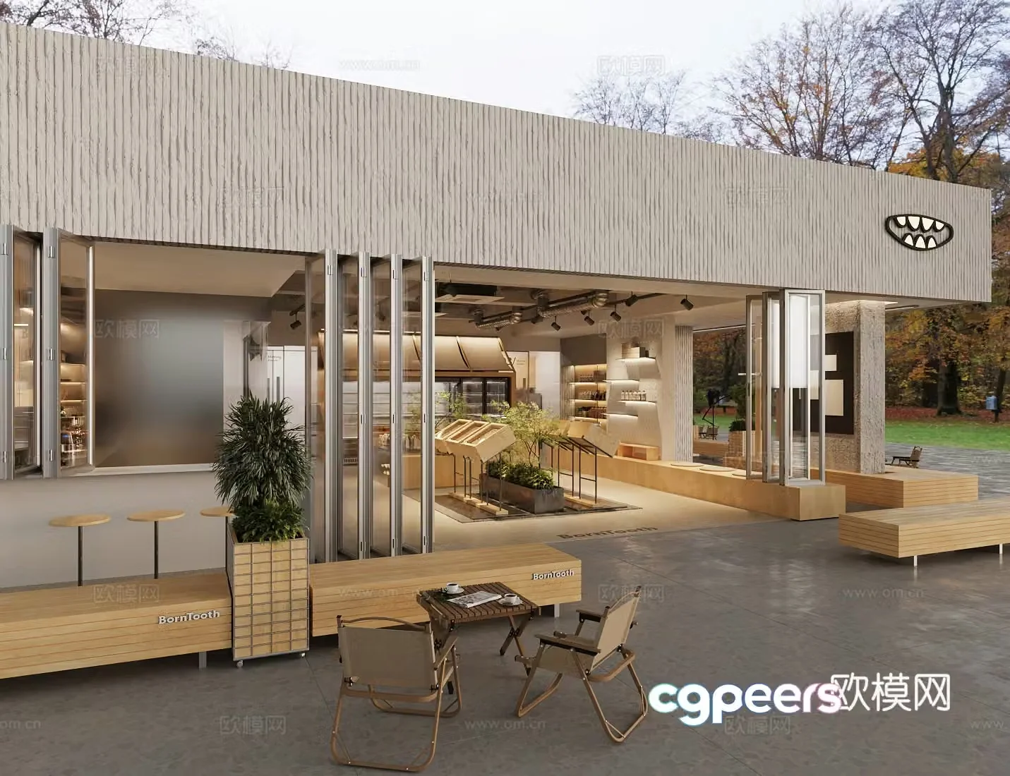 Industrial style coffee milk tea shop cake and dessert shop restaurant exterior area outdoor dining table and chair combination 3D model