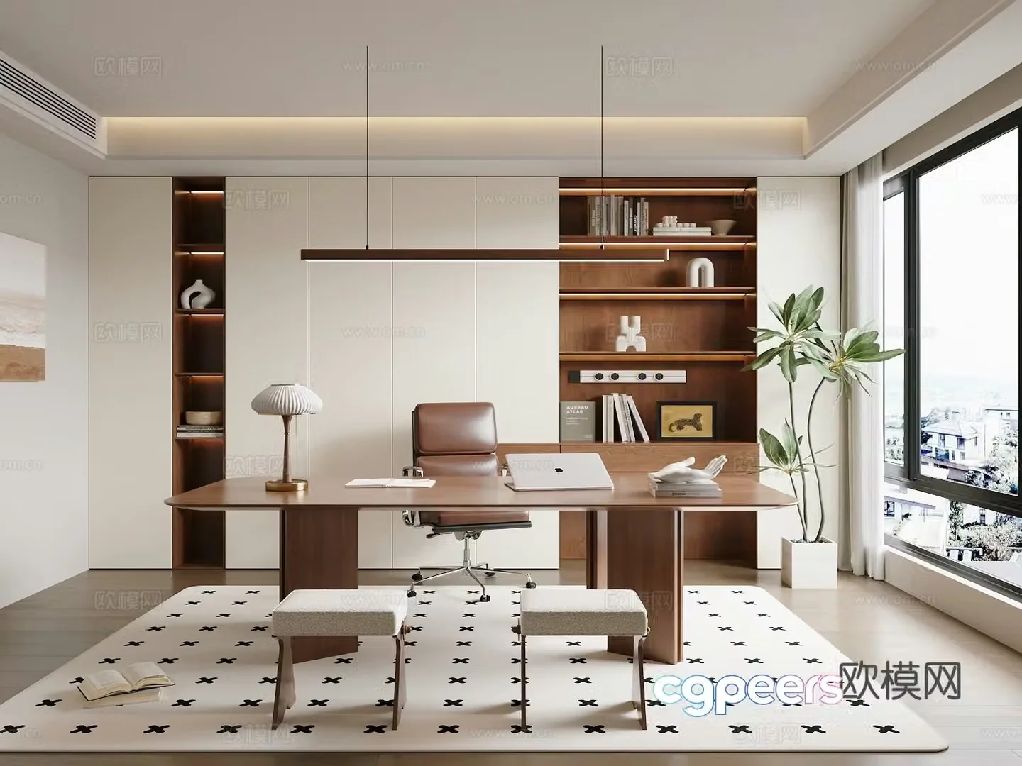 Modern medieval style study room desk and chair combination bookcase modern study room 3D model