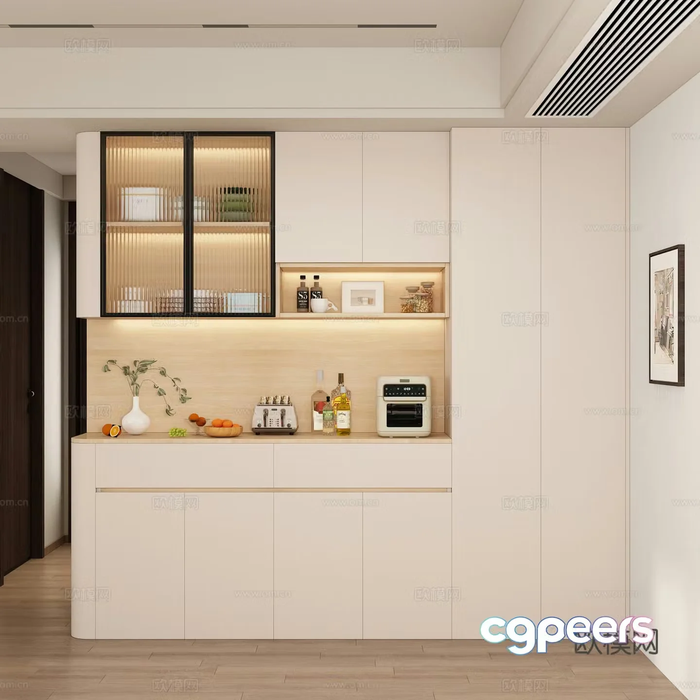 Creamy style entrance cabinet sideboard fruit vase bread machine wine kitchen supplies cup 3d model