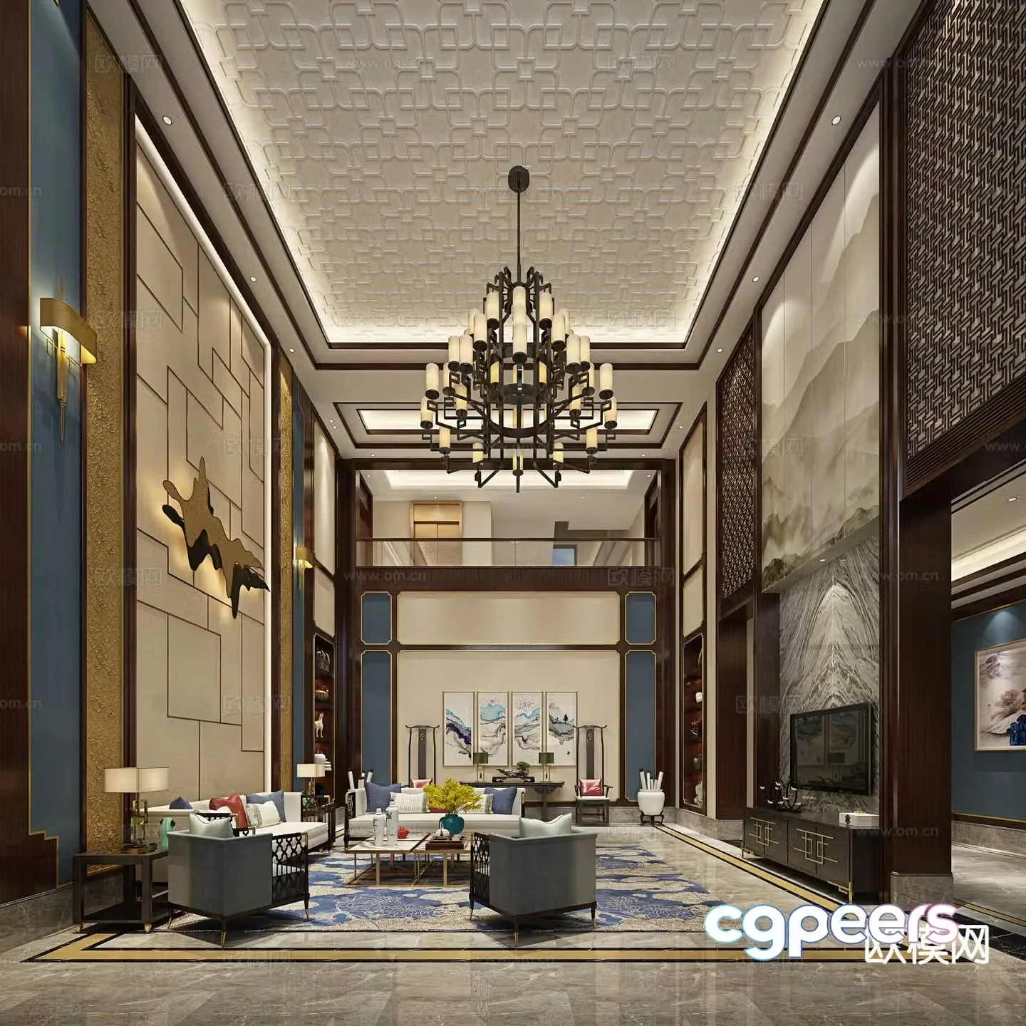 New Chinese style living room villa lobby 3D model