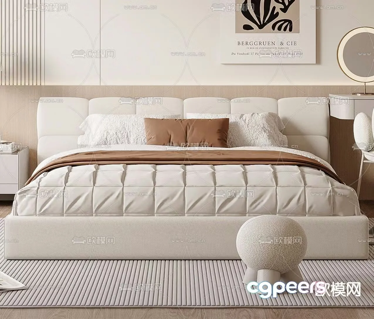 Cream style double bed 3d model