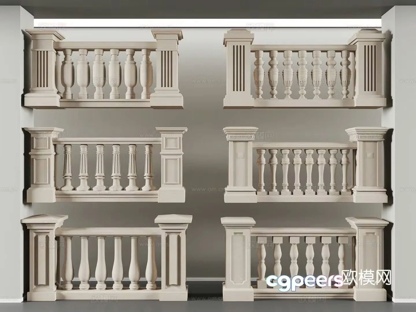 European railings carved lines low columns stone columns 3D model