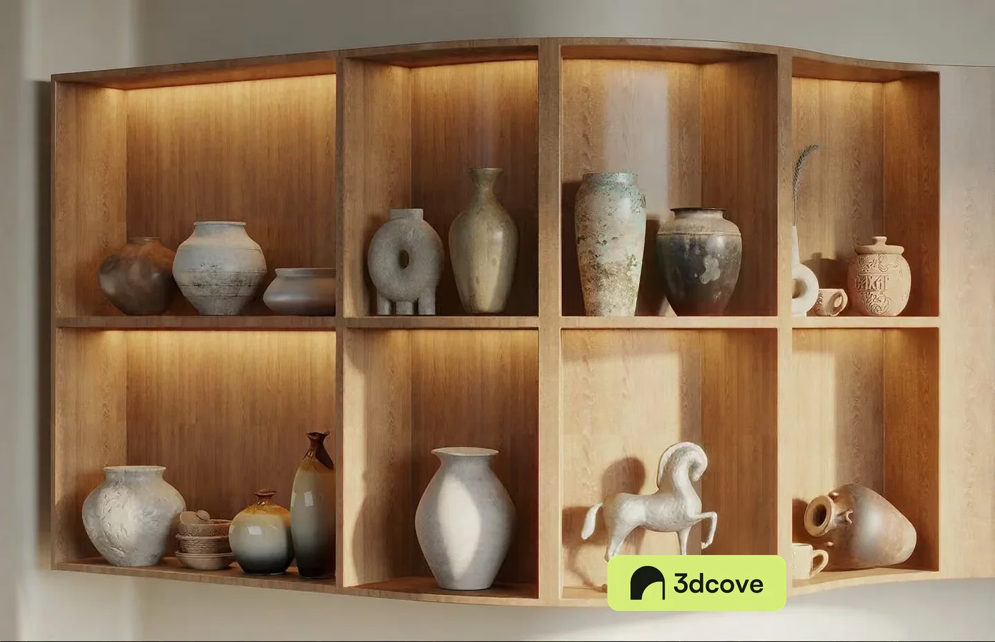 A Wooden Shelf With Various Vases And Decorative Items