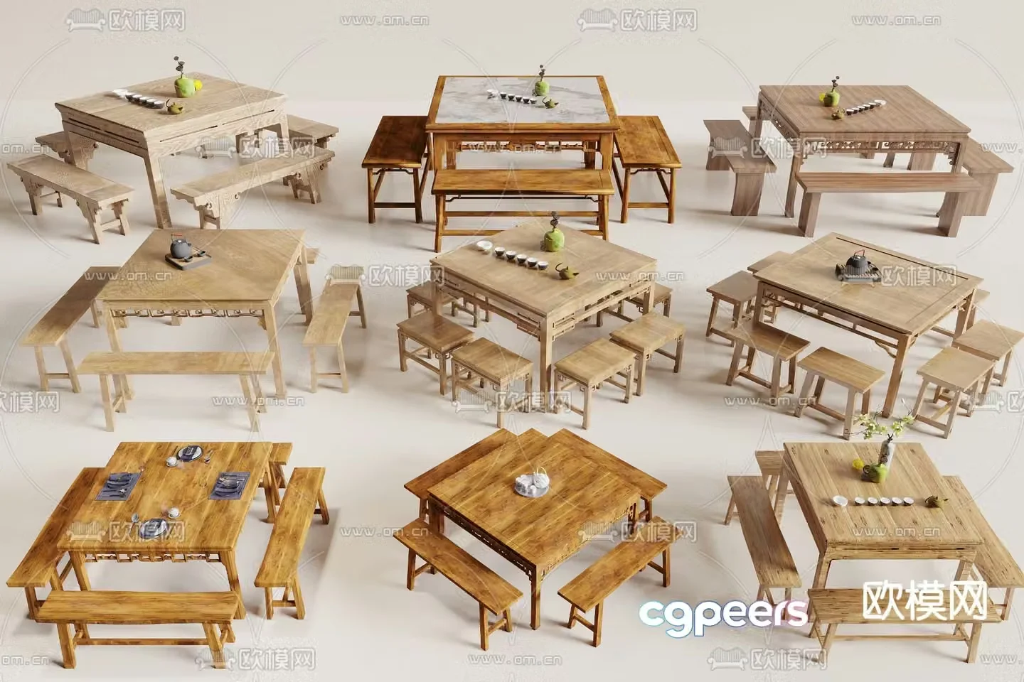 Chinese Eight Immortals Table Solid Wood Tables and Chairs Tea Table 3D Model