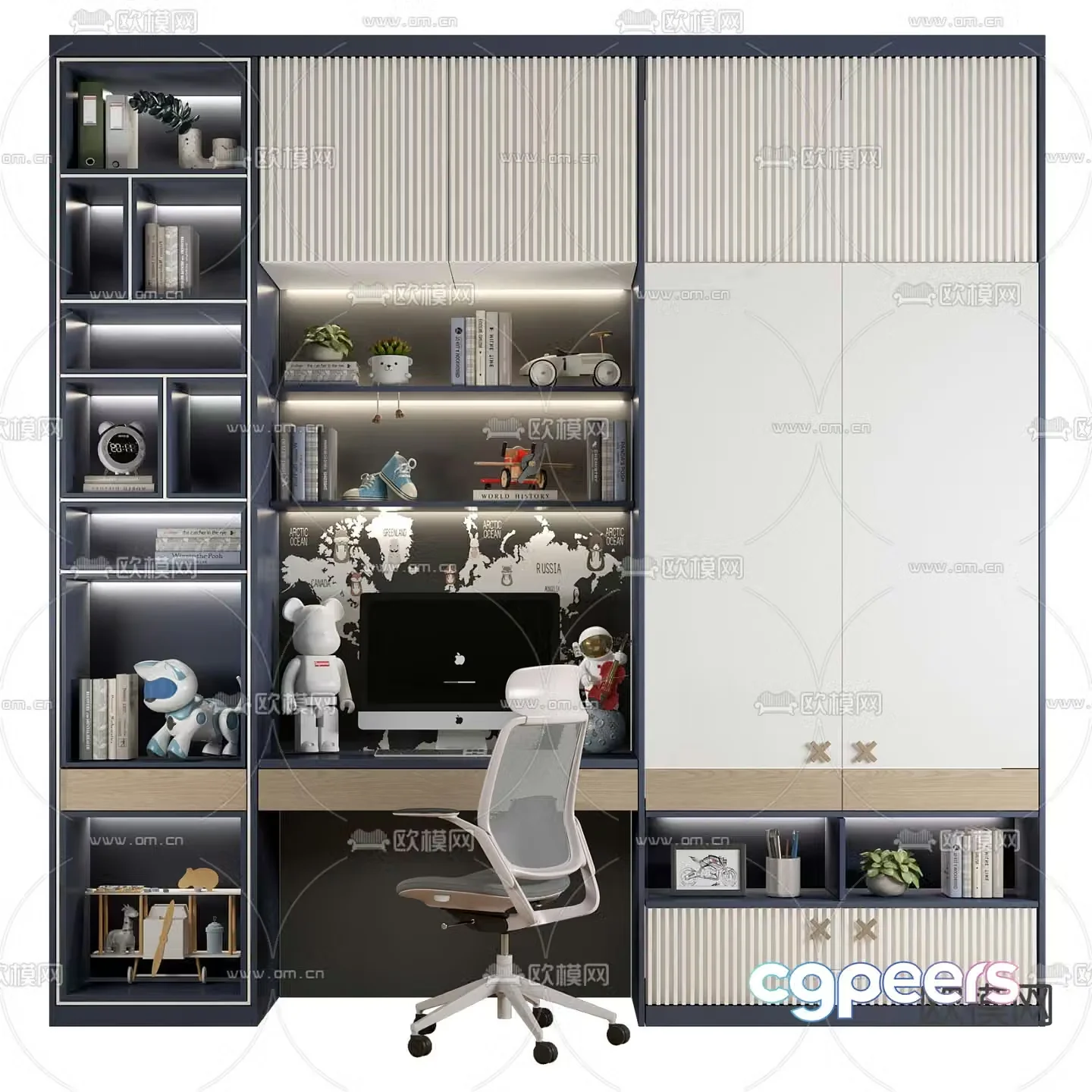 Modern children’s integrated desk bookcase 3d model