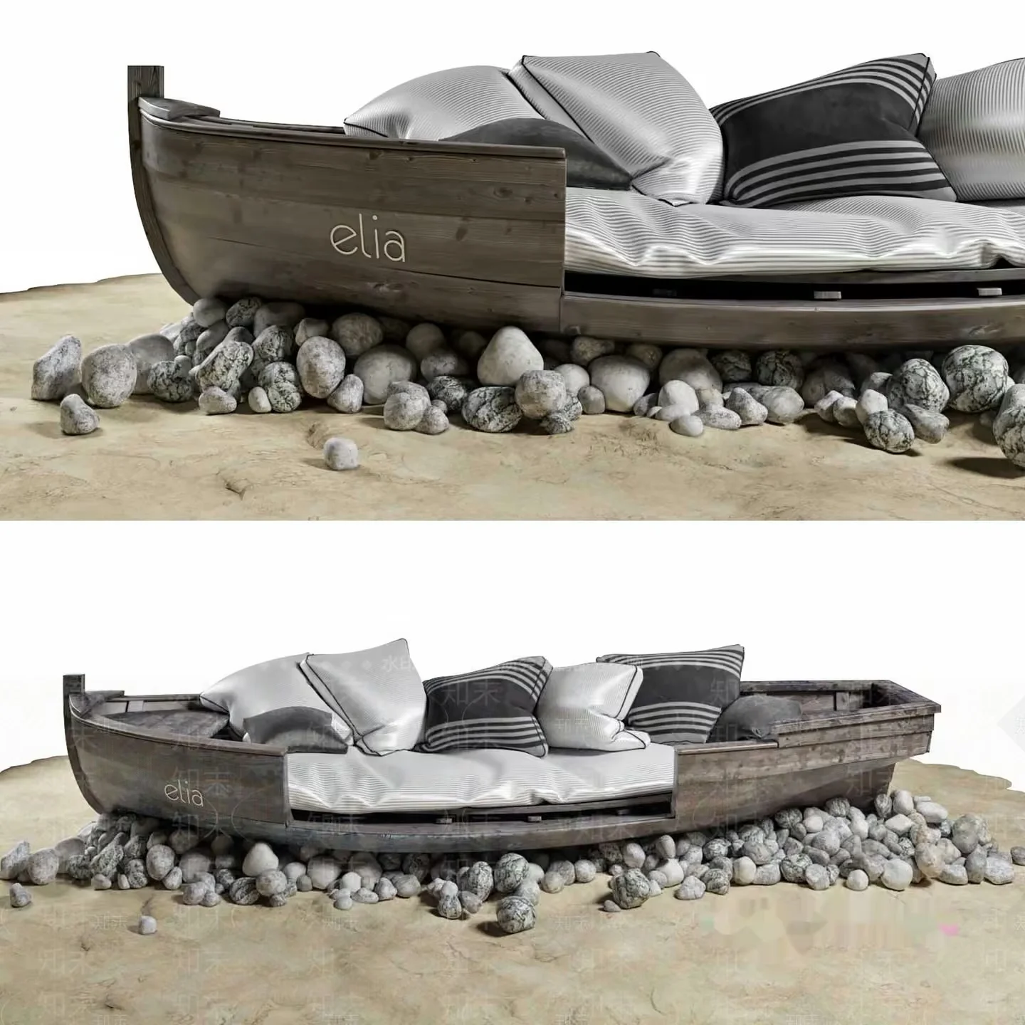 A Wooden Boat Sofa With Gray Cushions 3D Model – 20125 – VRAY Render