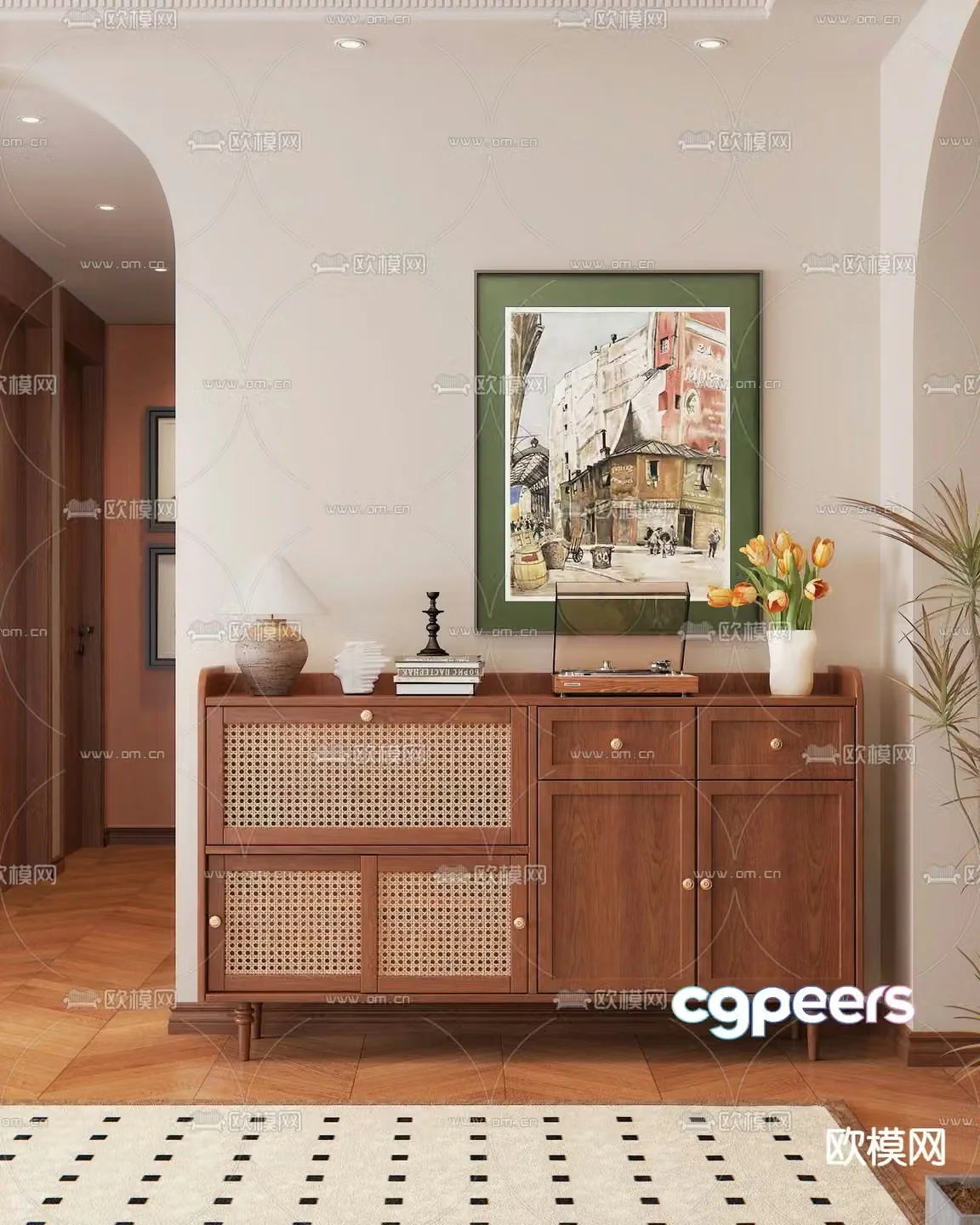 Middle-aged style entrance cabinet end view cabinet 3D model