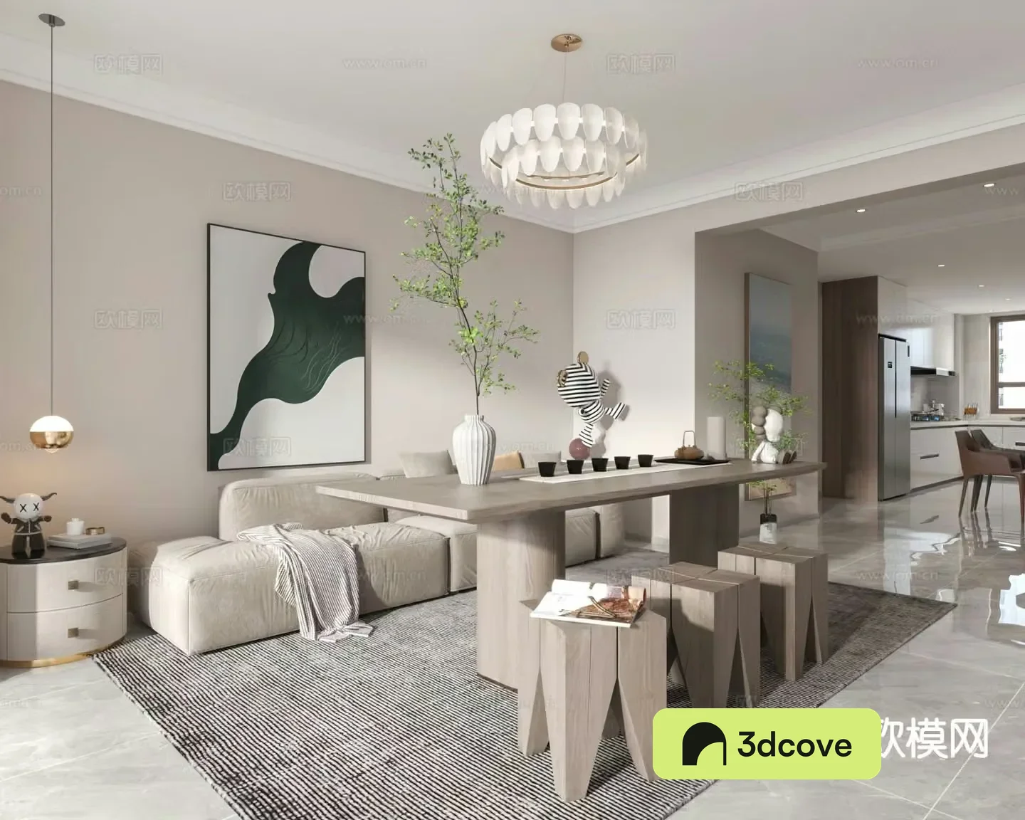 Modern living room and dining room study