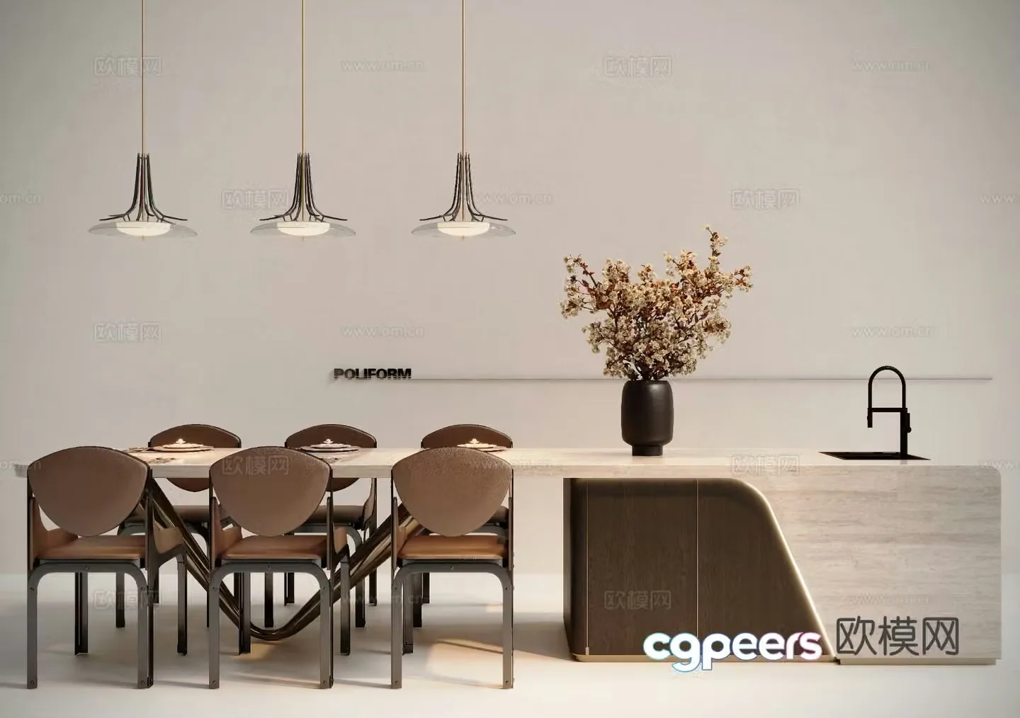 Modern island dining table and chairs 3d model