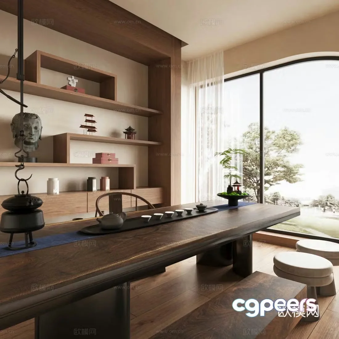 Middle-aged tea room tea tasting area Japanese tea room balcony tea room solid wood tea table and chair tea cabinet 3D model
