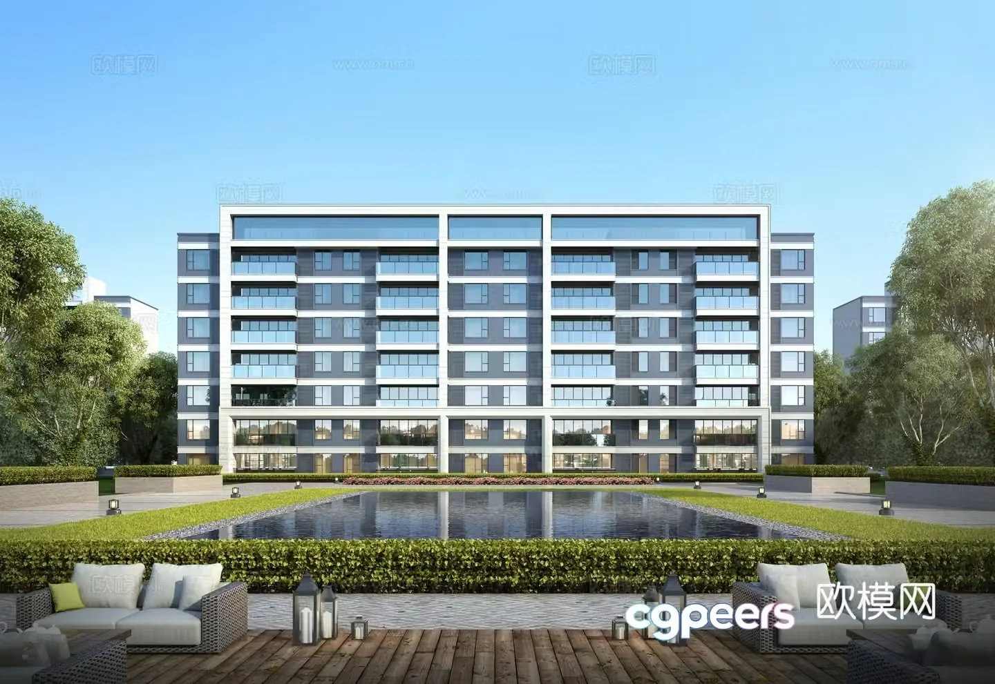 Multi-story residential building exterior 3D model