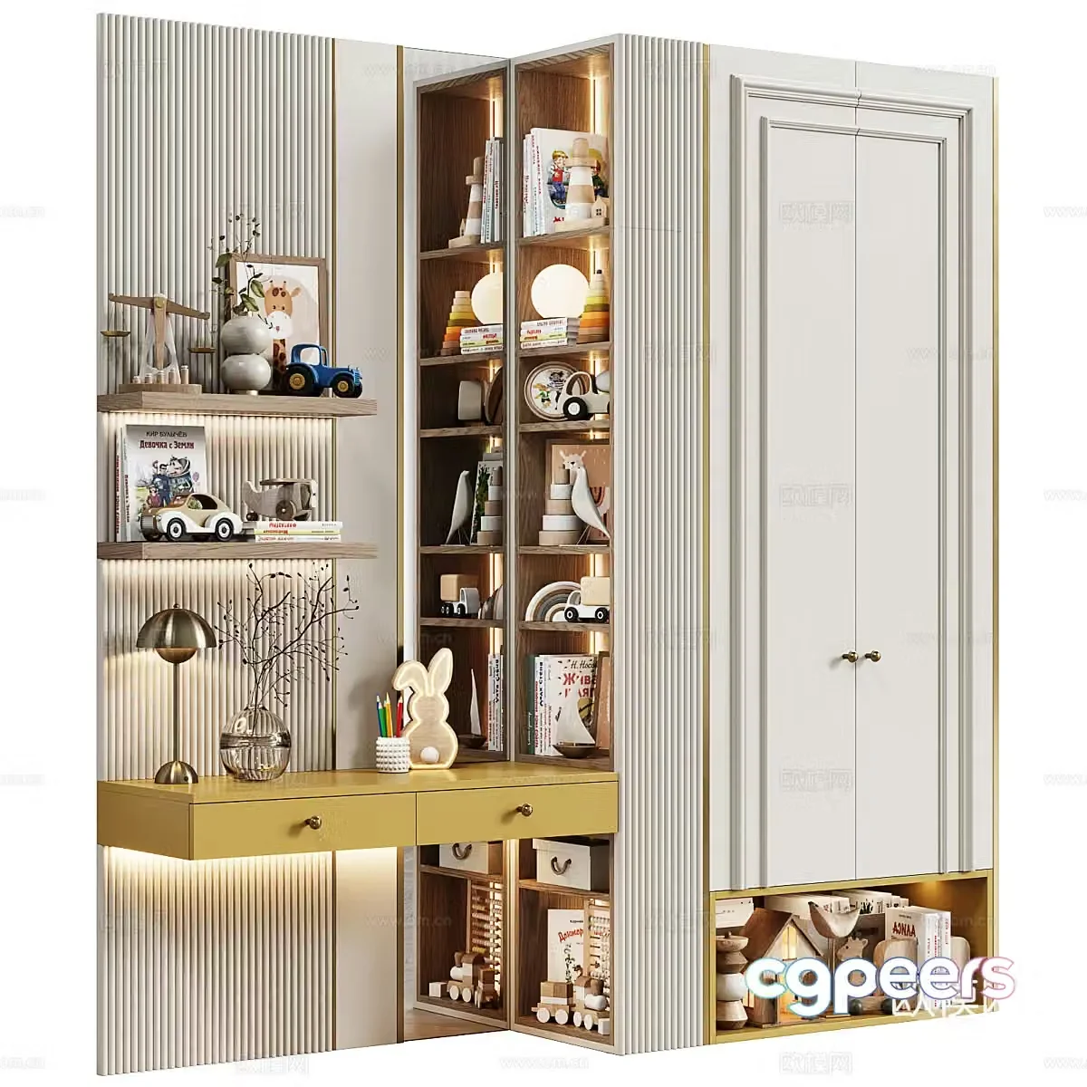 Modern cream style children’s room bookcase wardrobe combination 3D model