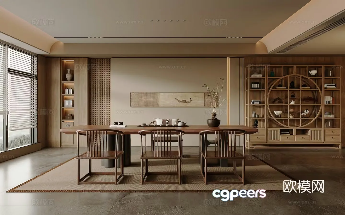 Solid wood tea table and chair combination Bogu shelf Large board table and tea table Tea set supplies Tea room 3D model