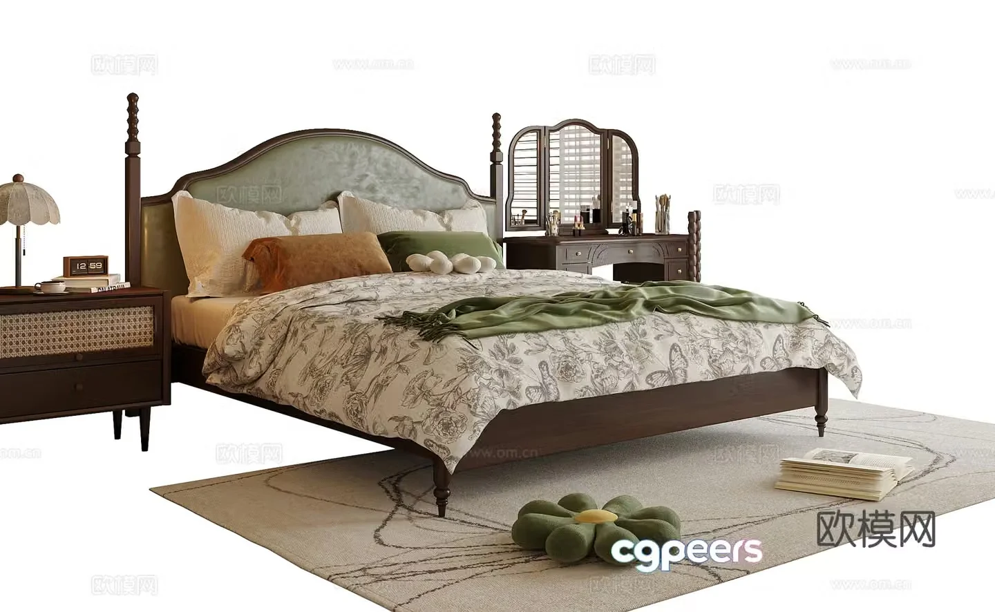 American double bed dressing table carpet 3d model