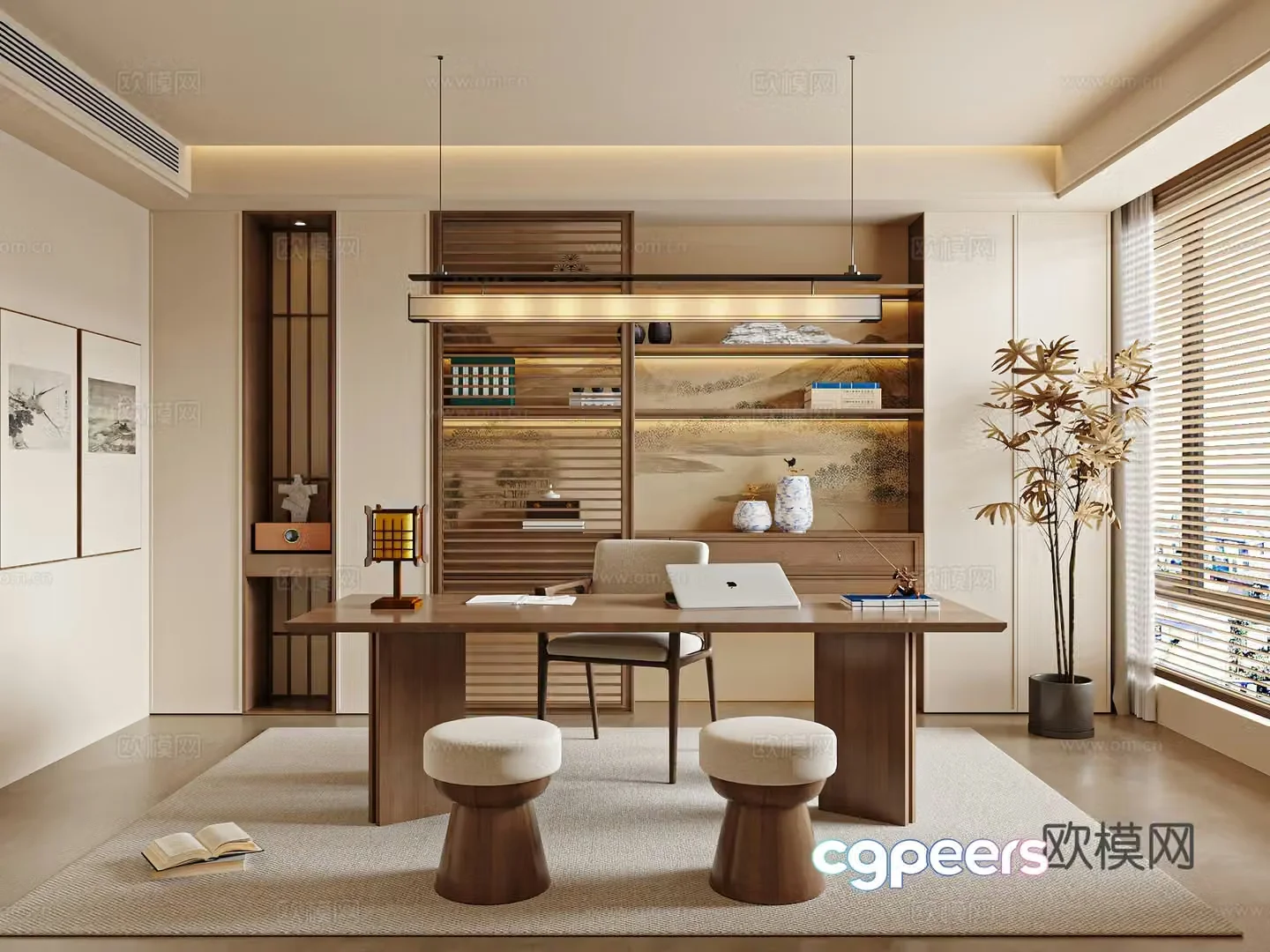 New Chinese style study Song’s study desk and chair bookcase 3D model