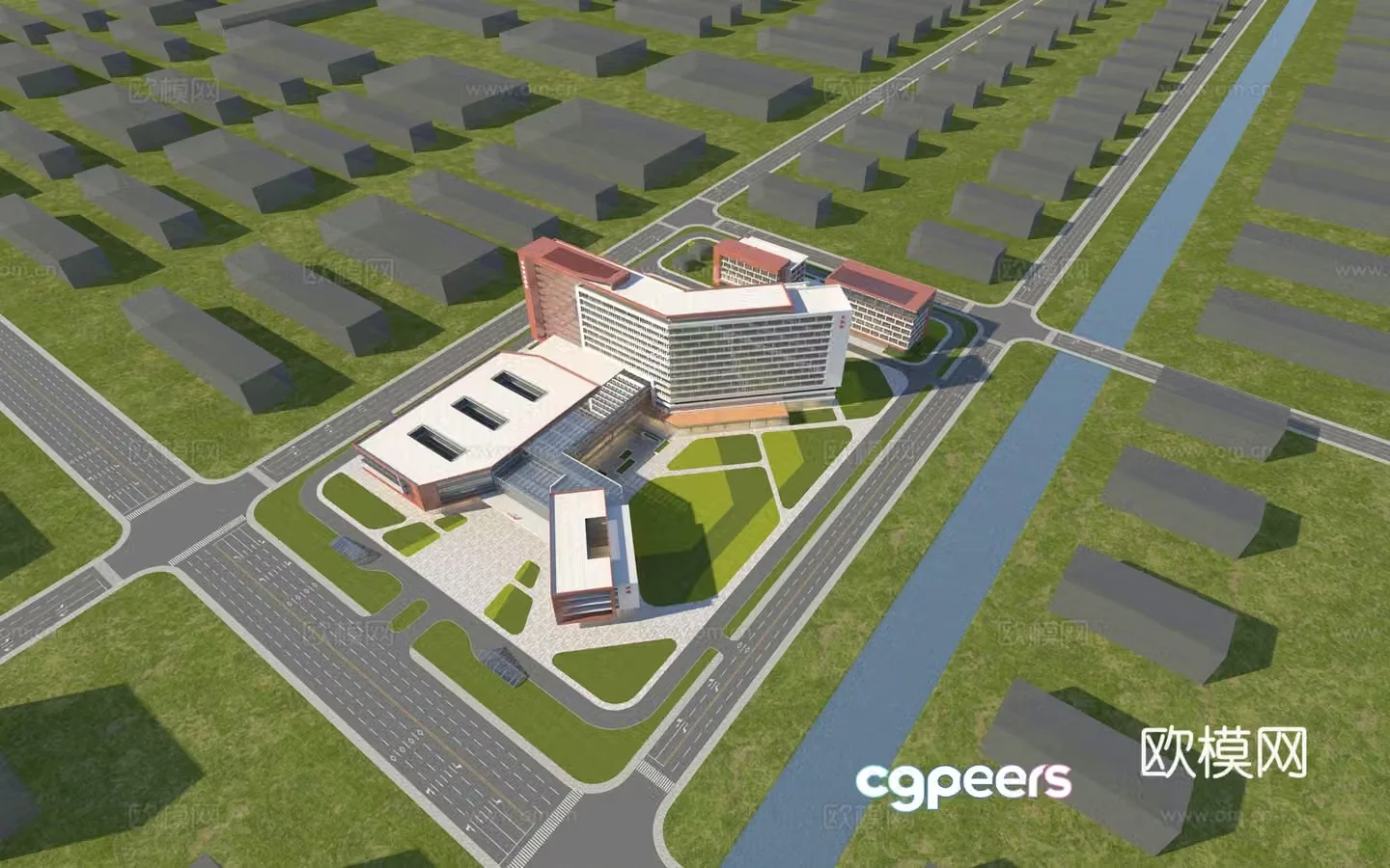Modern hospital aerial view 3d model