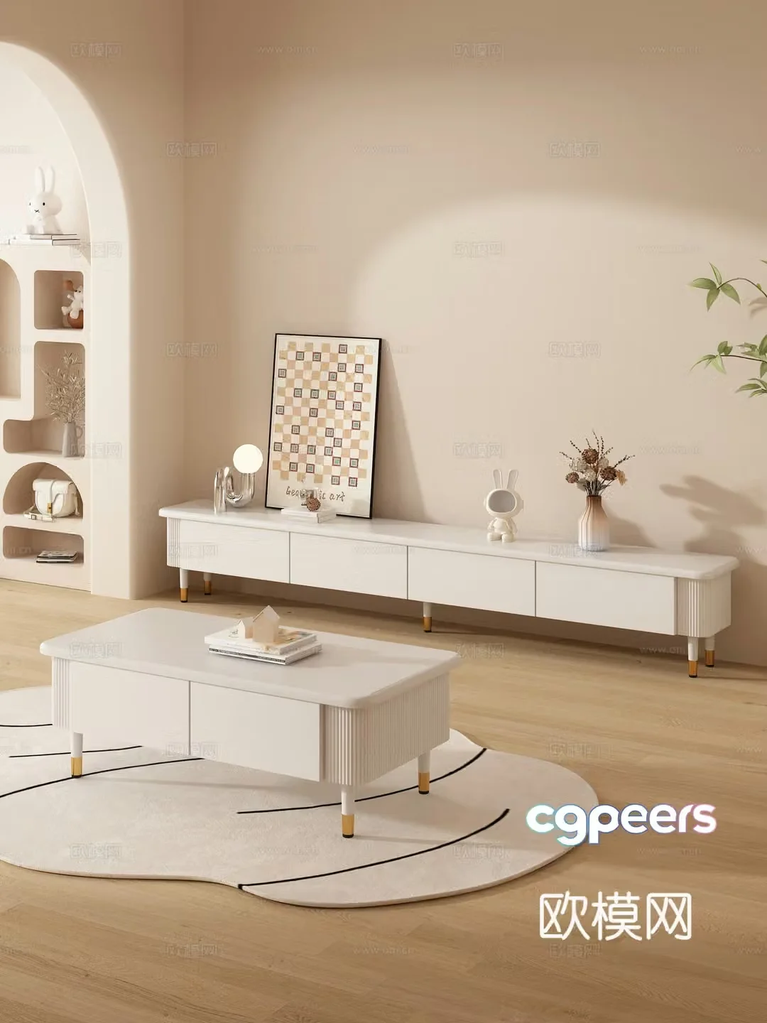 Creamy style tea table TV cabinet ornament combination books decorative painting TV 3d model