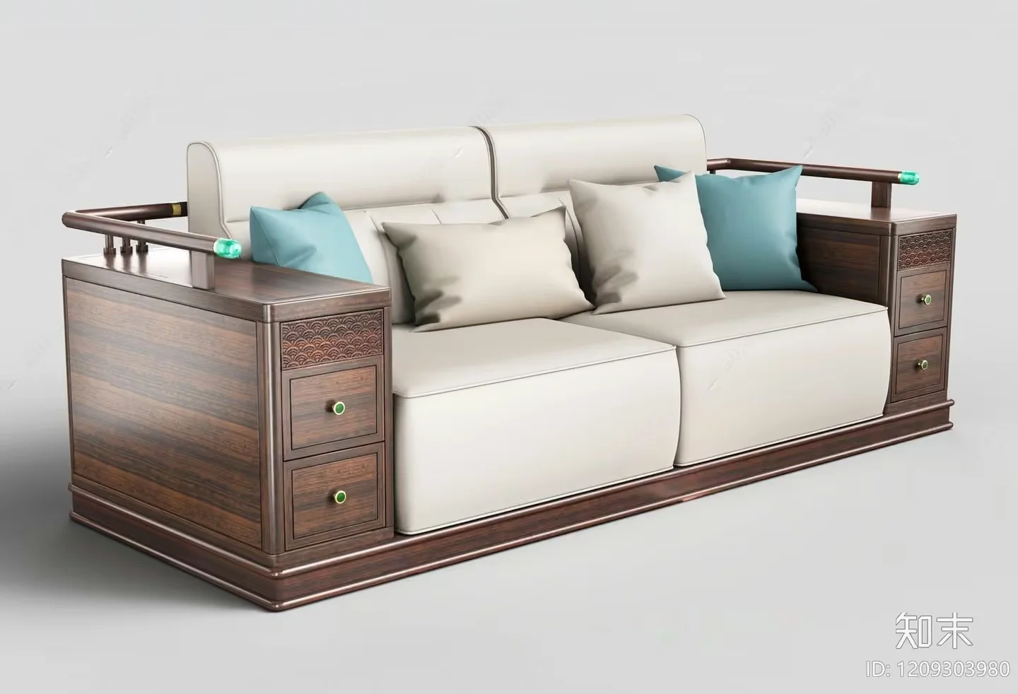 A Wooden Couch With White Cushions And Blue Pillows 3D Model – 21839 – VRAY Render