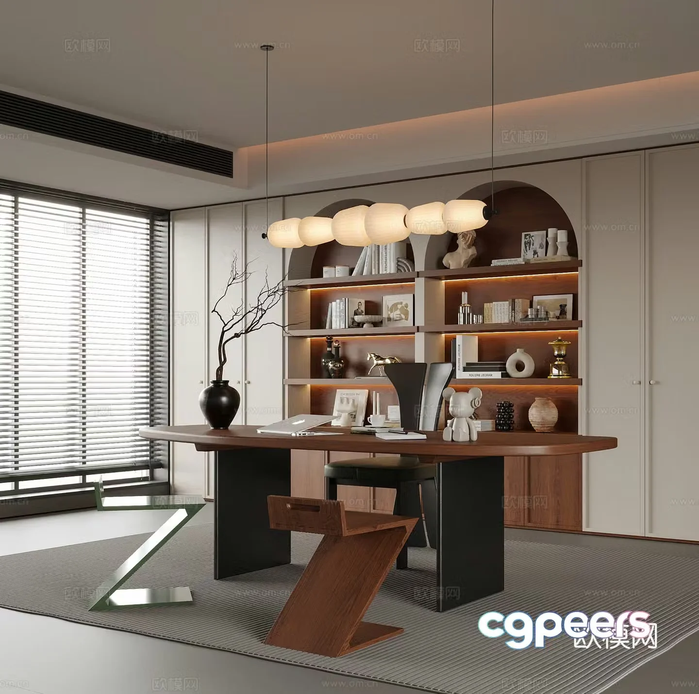 Modern study desk chair bookcase stool 3d model