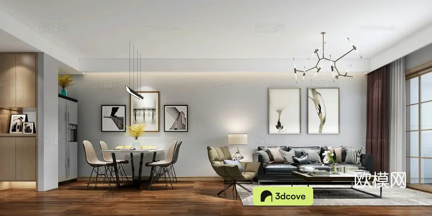Modern style living and dining room sofa coffee table dining table chair chandeliers cabinets