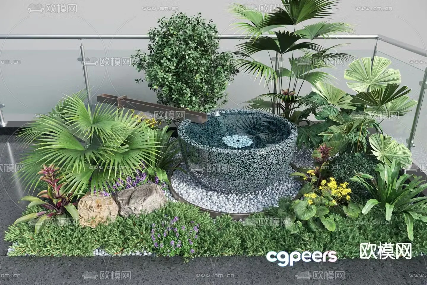Landscape sketch flowing water bowl fern green plant 3D model