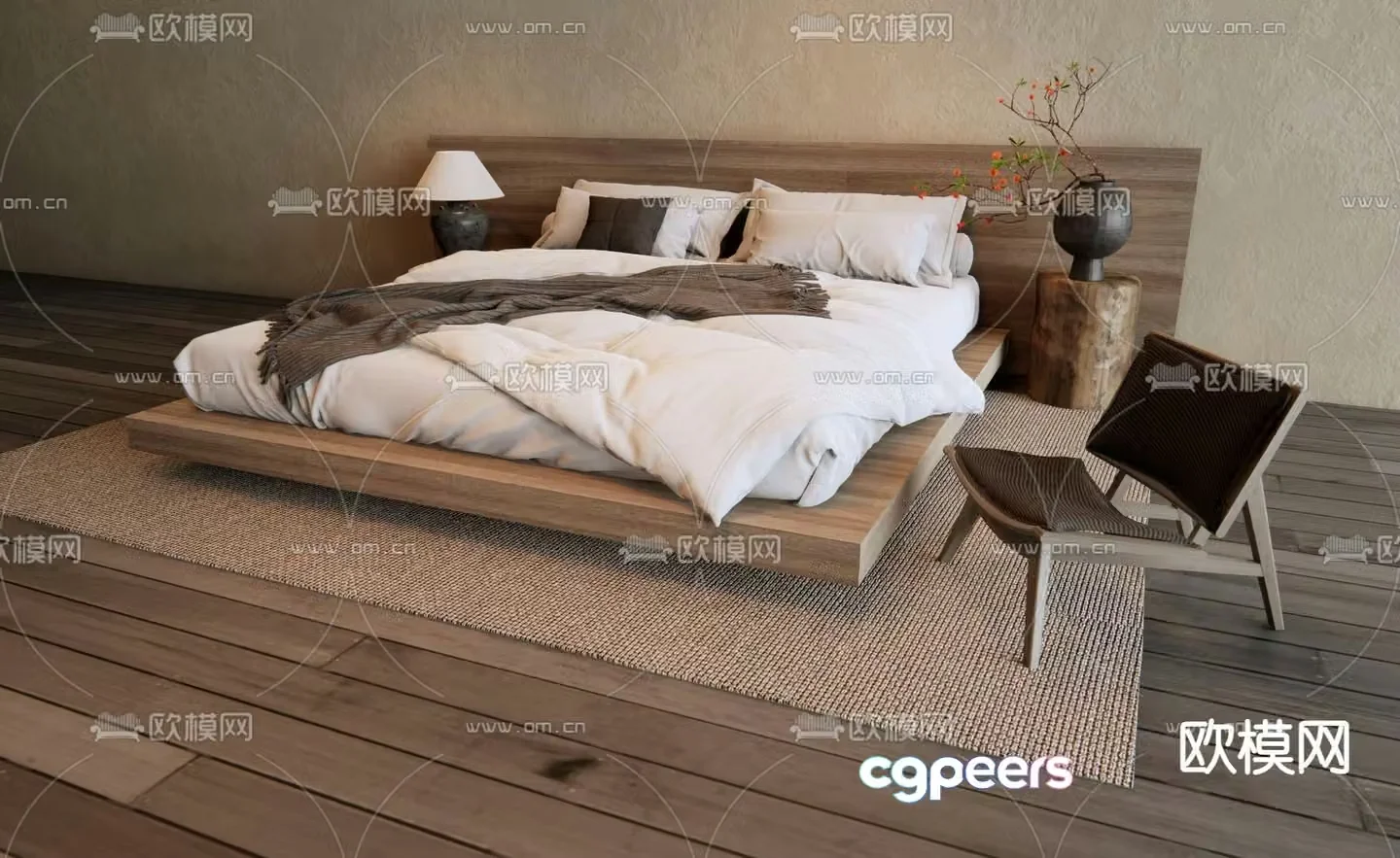 Wabi-sabi style double bed 3d model