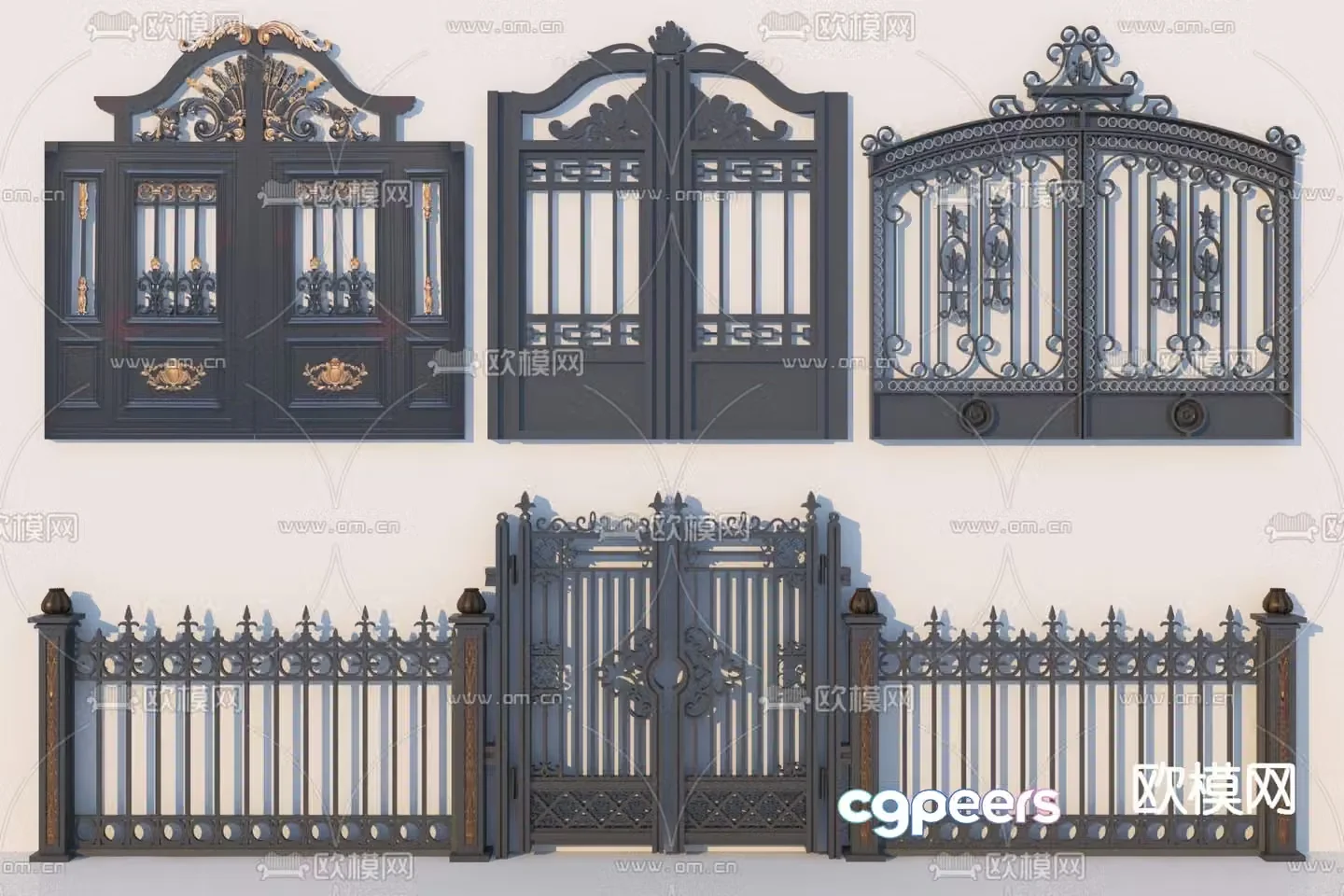Wrought iron gate courtyard door double door 3D model