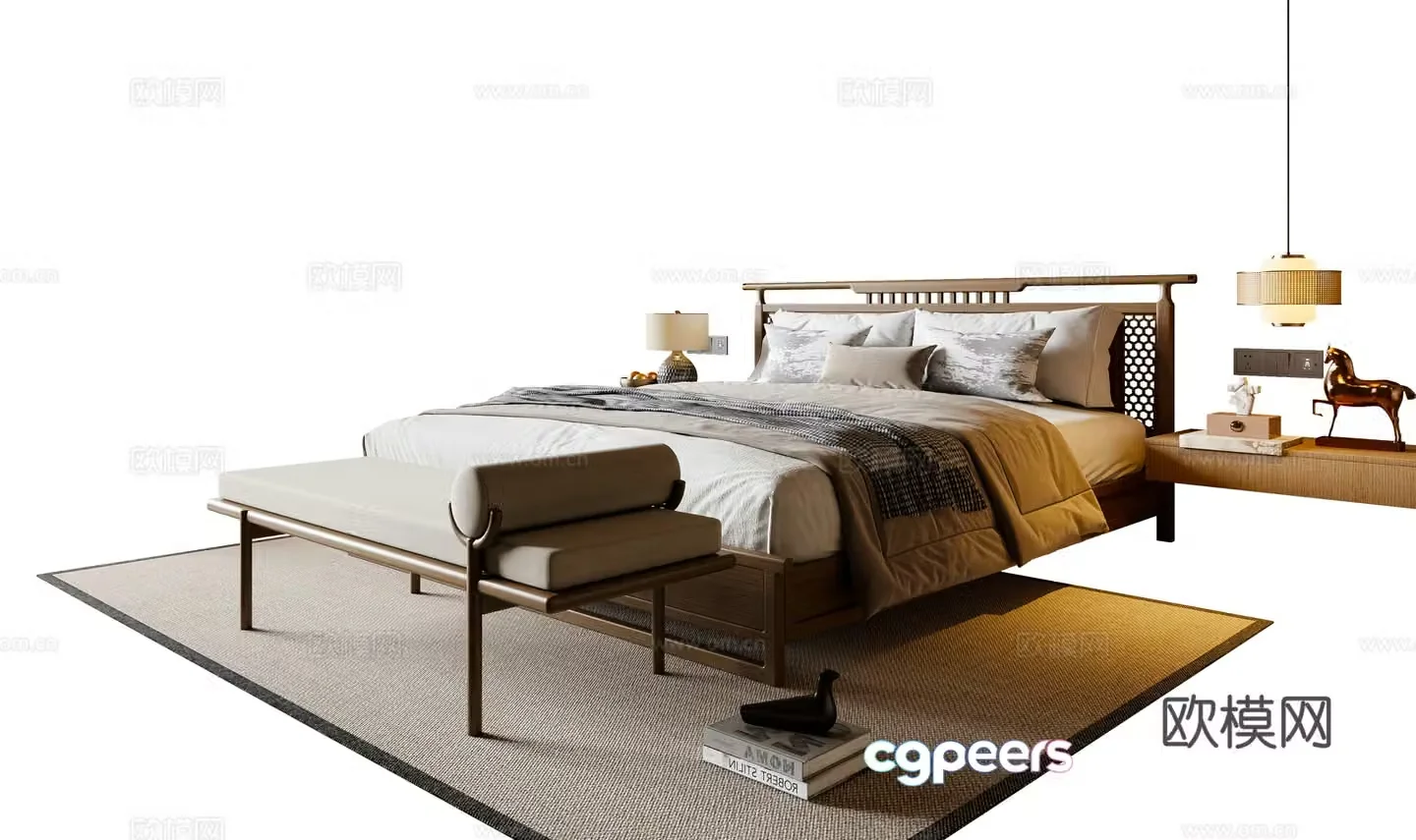 New Chinese Song style double bed nightstand chandeliers carpet 3d model