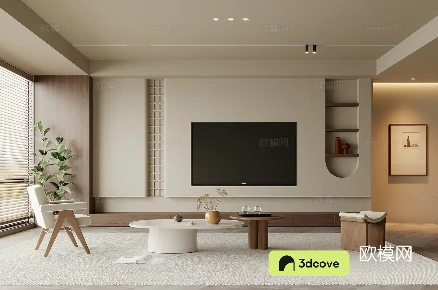 Middle style living room TV background wall sofa coffee table combination 3D model