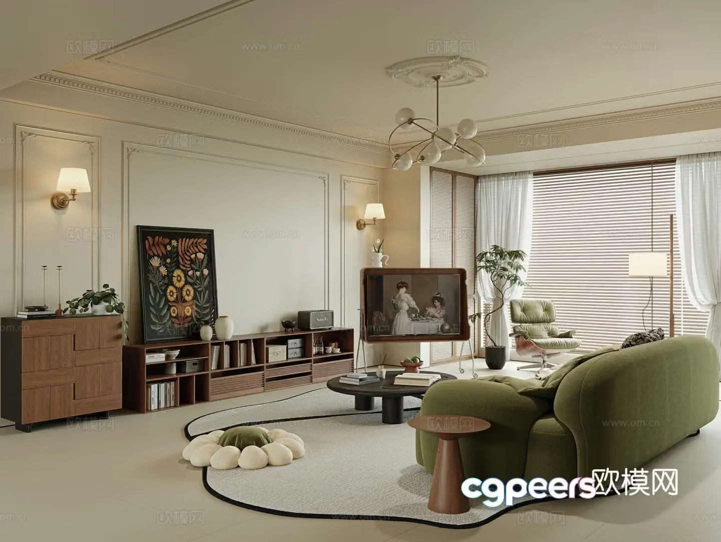 French medieval style living room large flat living room sofa and coffee table combination entrance cabinet chest of drawers TV 3D model
