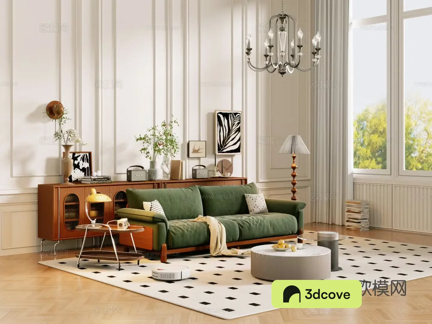 Middle-aged sofa combination coffee table carpet multi-person sofa 3D model