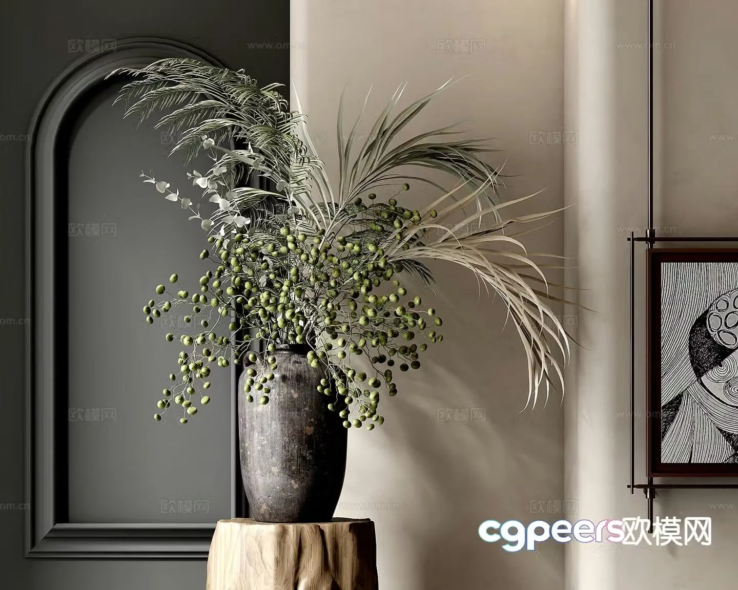 New Chinese style vase floral arrangement green plants clay pot 3D model