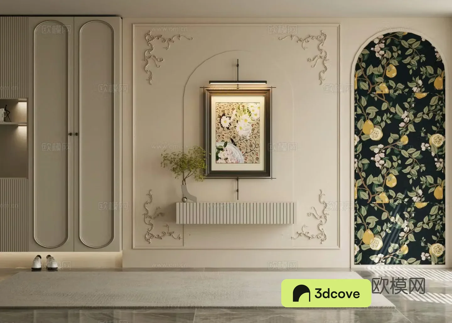 French retro entrance French decorative entrance decorative hanging paintings Entrance hall 3D model of end view terrace entrance