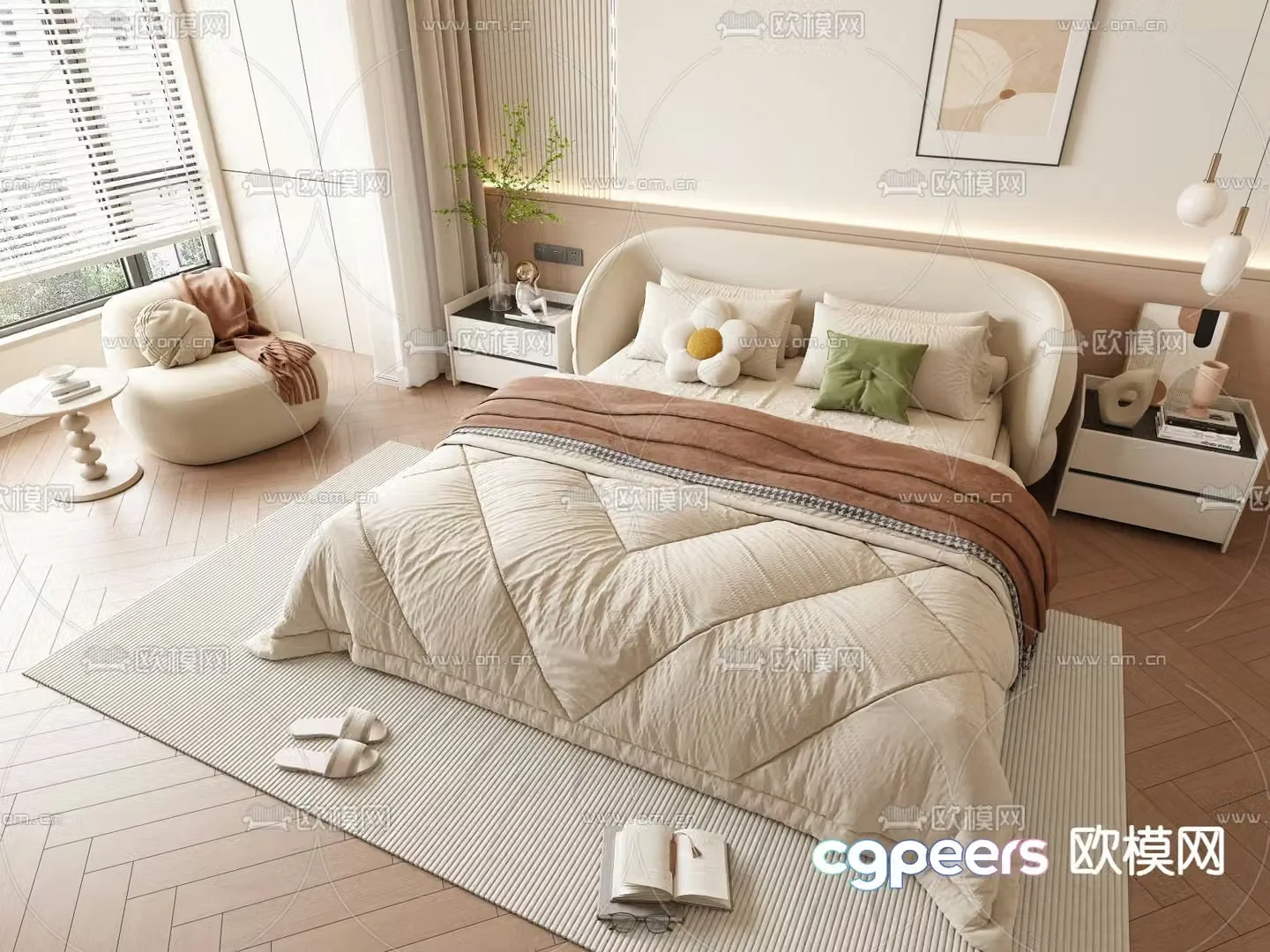 Cream style double bed 3d model