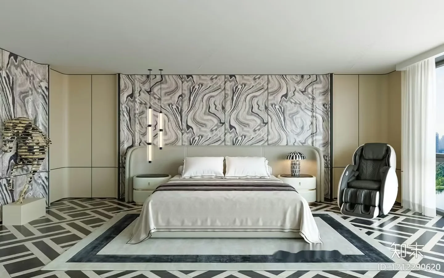 Modern Bedroom With A Large Bed 3D Model – 3281 – VRAY Render