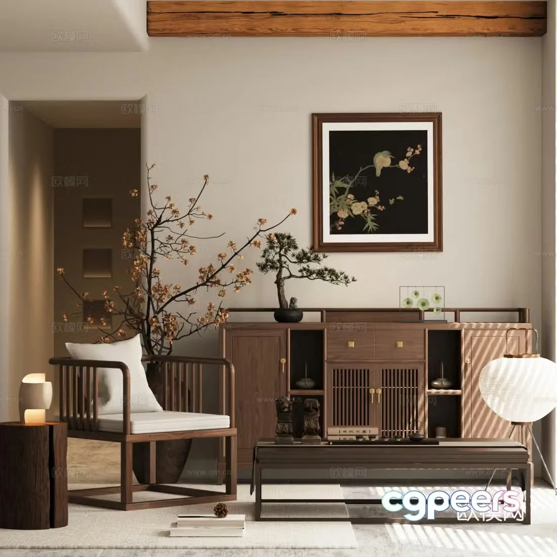 New Chinese style chest of drawers leisure chairs dried flower pots solid wood coffee table side and corner table 3D model