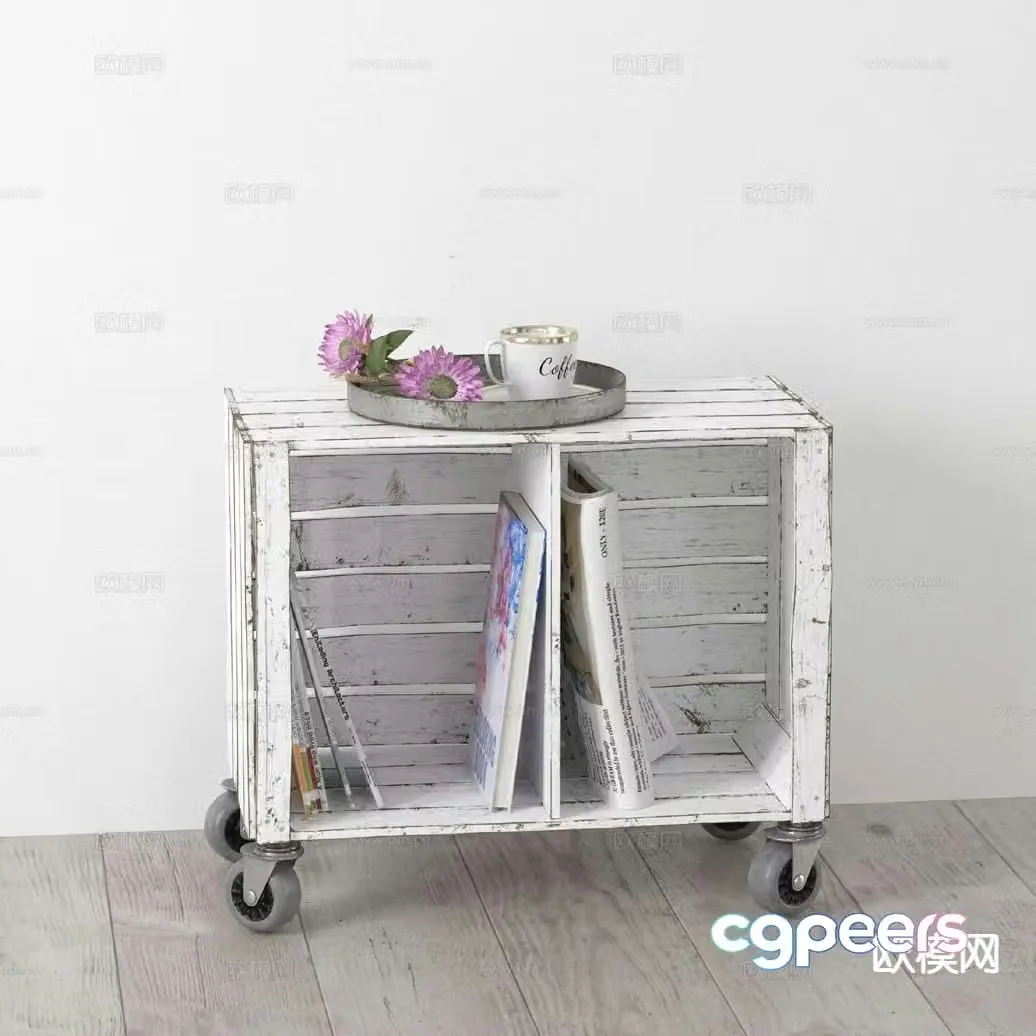 Industrial style mobile side cabinet magazine rack 3d model