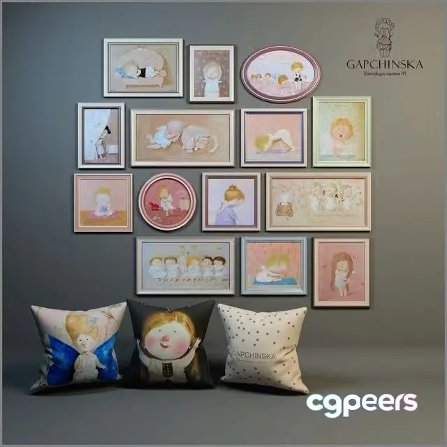 3ds Max Free – Decorative set of paintings and pillows for baby girls
