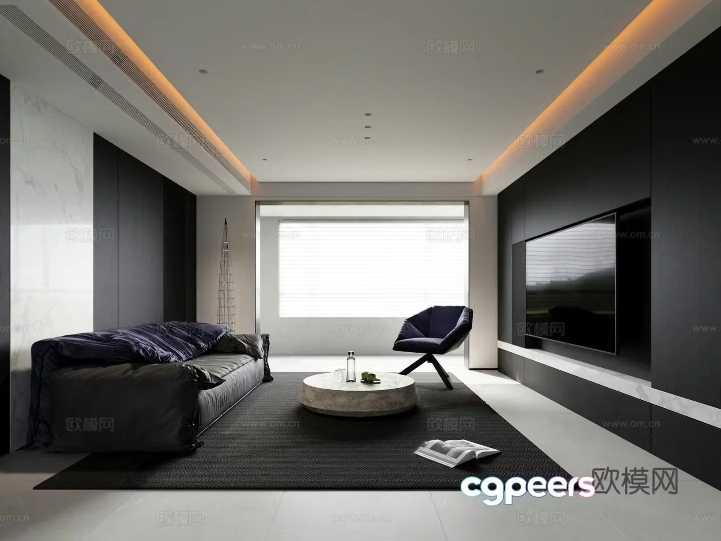 Modern minimalist living room large flat floor living room villa living room horizontal living room high-end gray 3D model