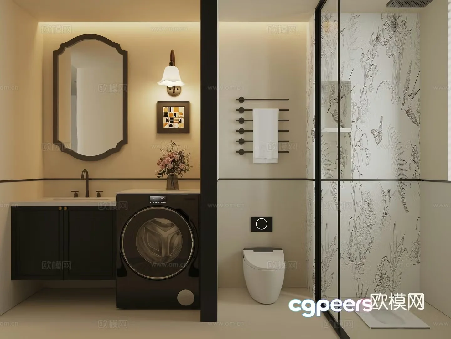 French black and white gray dry area bathroom 3d model