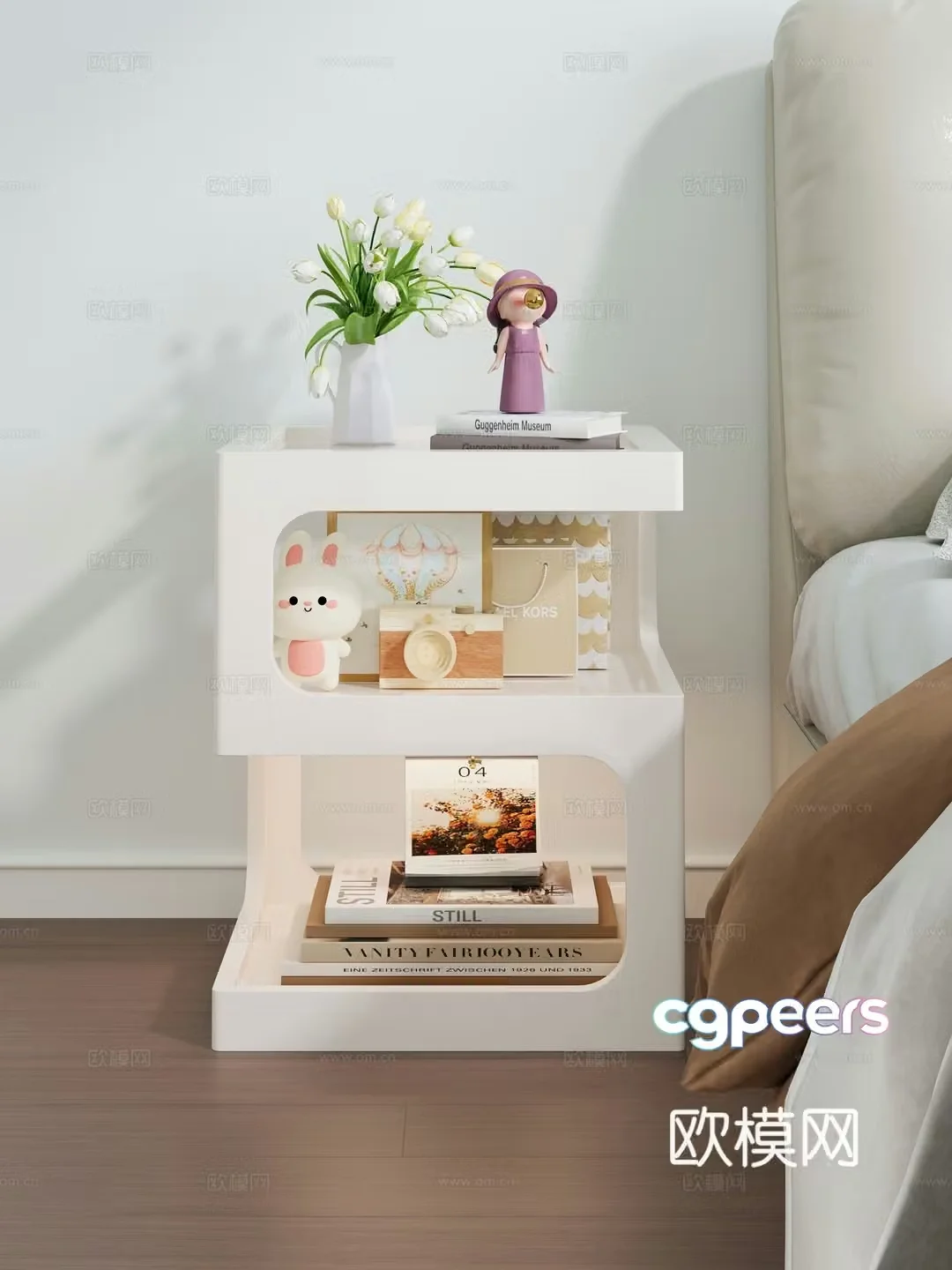 Ornament bedroom bedside table Jerkeley glass vase doll book handbag calendar bedding pillow quilt 3d model