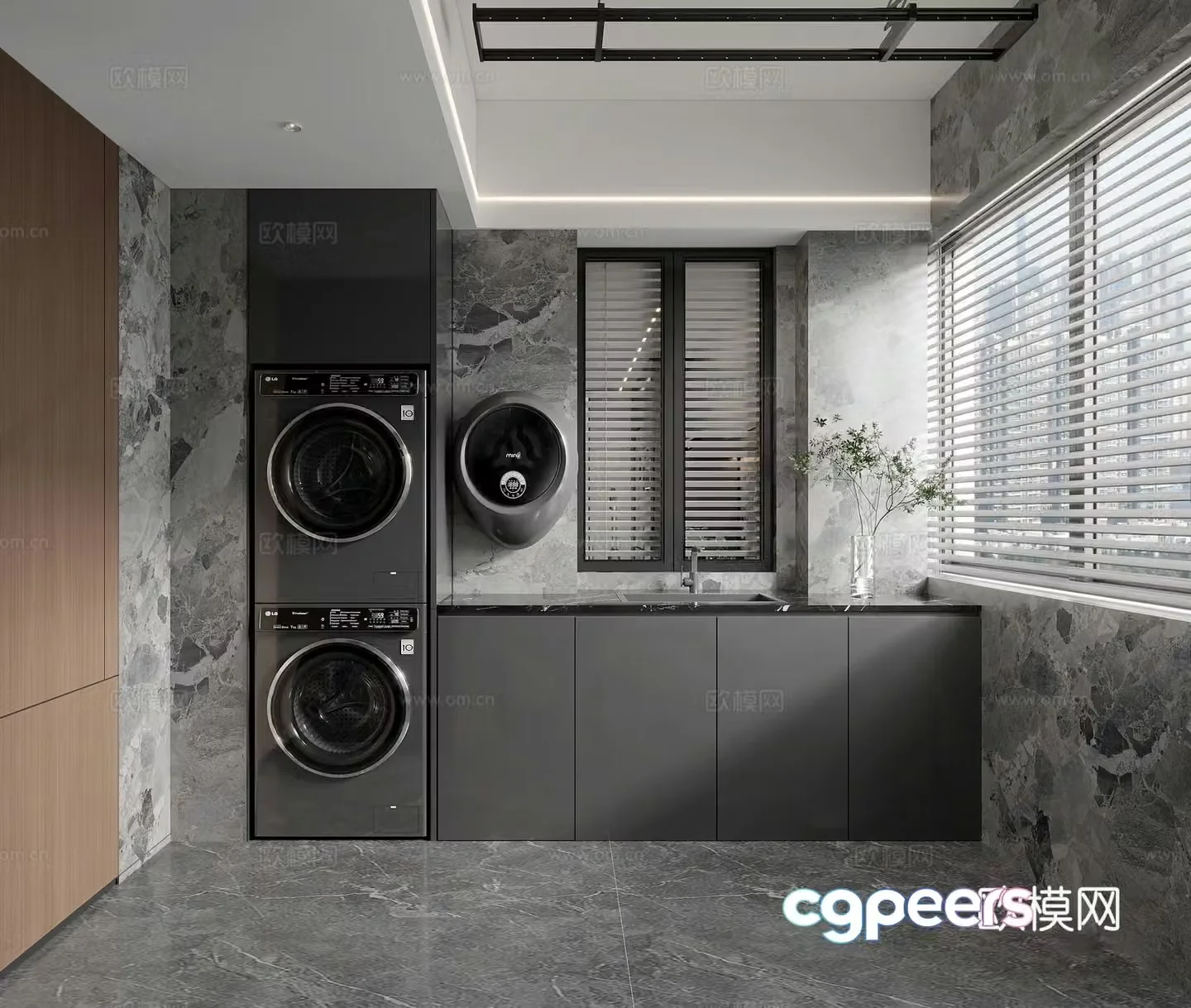 Modern living balcony washing machine washing and drying integrated balcony cabinet sink vase 3d model